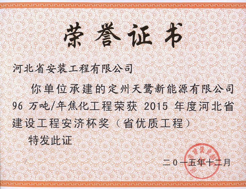 Dingzhou Tianlu new energy - provincial excellent 2015.12