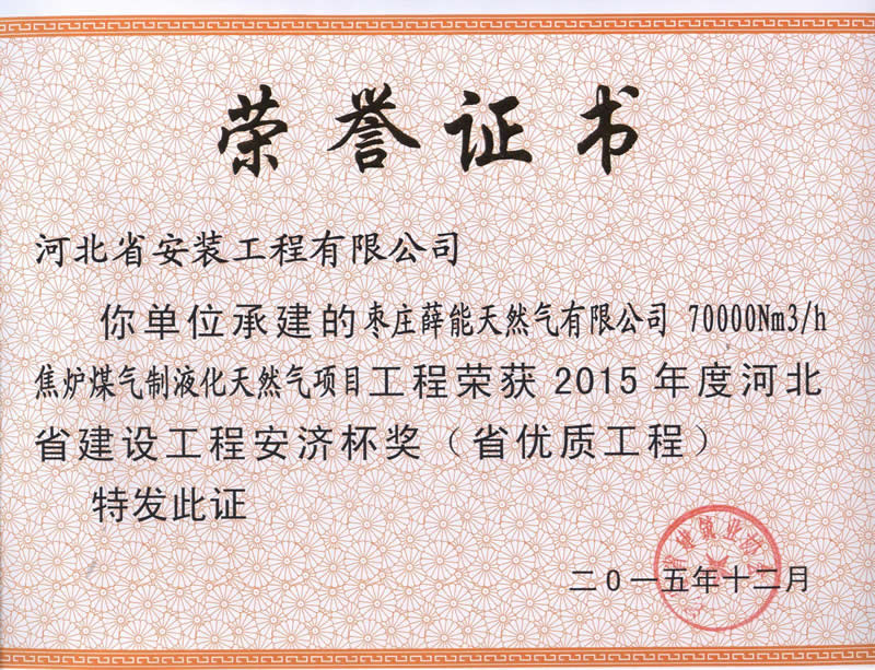 Zaozhuang Xueneng Natural Gas Co., Ltd. - 2015 provincial excellent