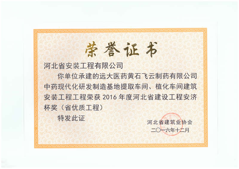 Yuanda pharmaceutical Huangshi project - 2016 provincial excellent